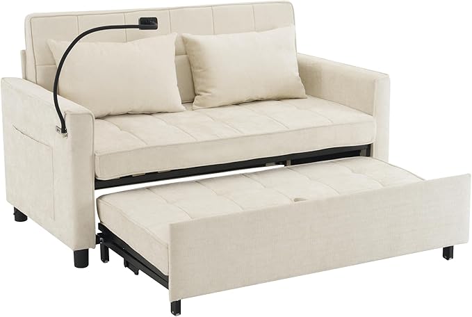 56.9 Loveseat Pull-Out Sofa Bed Chenille Sleeper Sofa Couch with a Reversible Backrest Cushion Side Pockets Two USB Ports and a Phone Holder for Living Room (Beige1)