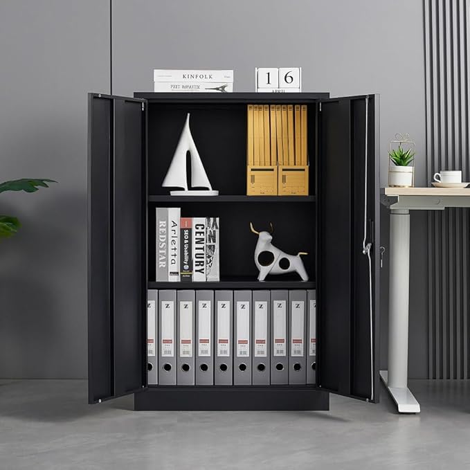 Metal Storage Cabinet with Lock 2-Door Folding File Cabinet with Adjustable Shelf 42 Heavy-Duty Storage Locker for Home Office School Garage (Black)