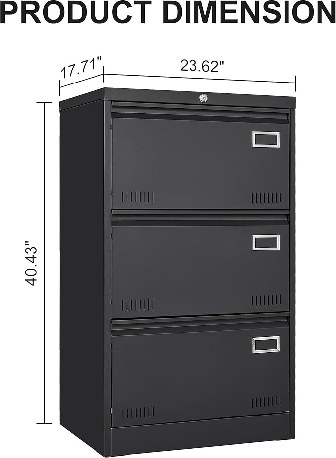 3 Drawer Metal Lateral File Cabinet with Lock Office Vertical Files Cabinet for Home Office Legal Letter A4 Large Capacity Security Lock Heavy-Duty Steel Adjustable File Bars (Black)