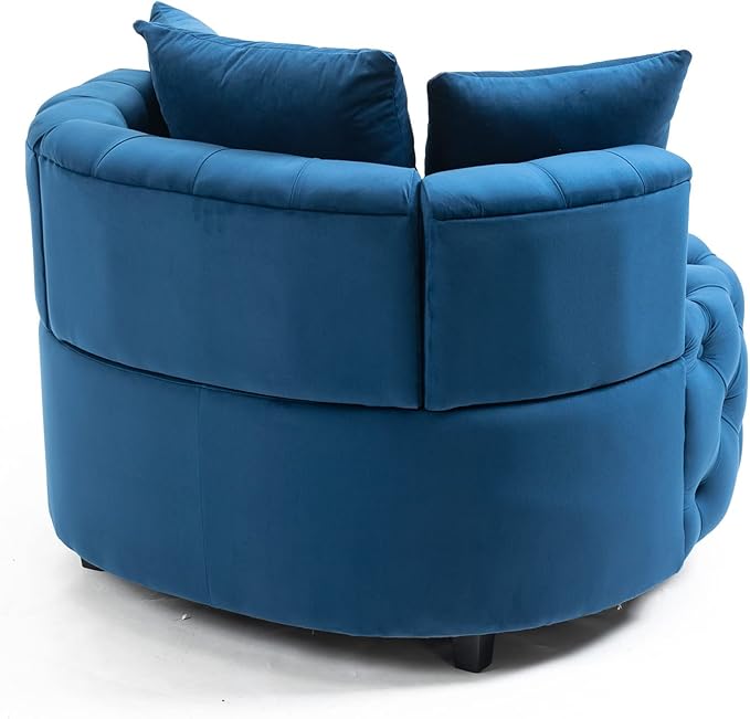 Velvet Accent Chair Tufted Upholstered Barrel Chair Lounge Chair with 3 Movable Pillows and Solid Wood Legs Oversized Round Sofa Chair Reading Chair for Living Room Bedroom Hotel Office Blue