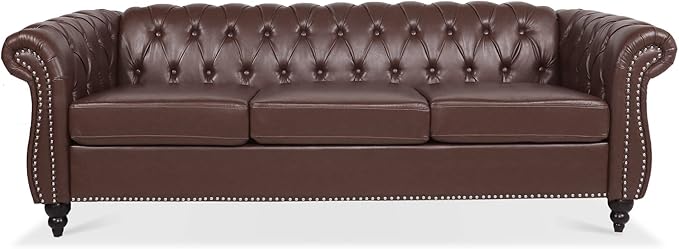 Ball &amp Cast 84 Chesterfield Leather Sofa with Channel Tufted Seat BackClassic 3 Seater Couch w/Roll Arm Nailhead Trim and UpholsteredMid Century Furniture for Living RoomOfficeDark Brown PU