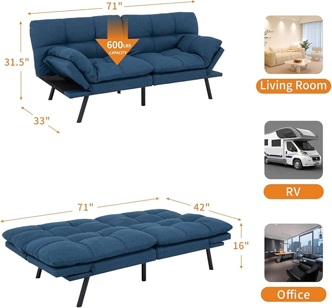 MUUEGM 71-Inch Convertible Futon Sofa Bed with Adjustable Backrest &amp Removable Armrests Foldable Sleeper Loveseat for Small Space Living Room Studio Apartment Home OfficeBlue