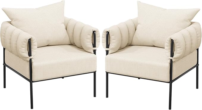 Comfy Accent ChairModern Living Room ChairsReading Chair with Metal FrameModern Living Room Chairs with Waist Cushion for Bedroom (Beige Set of 2)