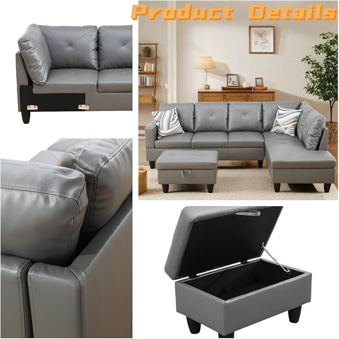 FONTOI L Shaped Sectional Couch with Otttoman 97 Leather Sectional Sofa for Living Room Modular Couches with Cup Holders for Bedroom Apartments Dark Grey