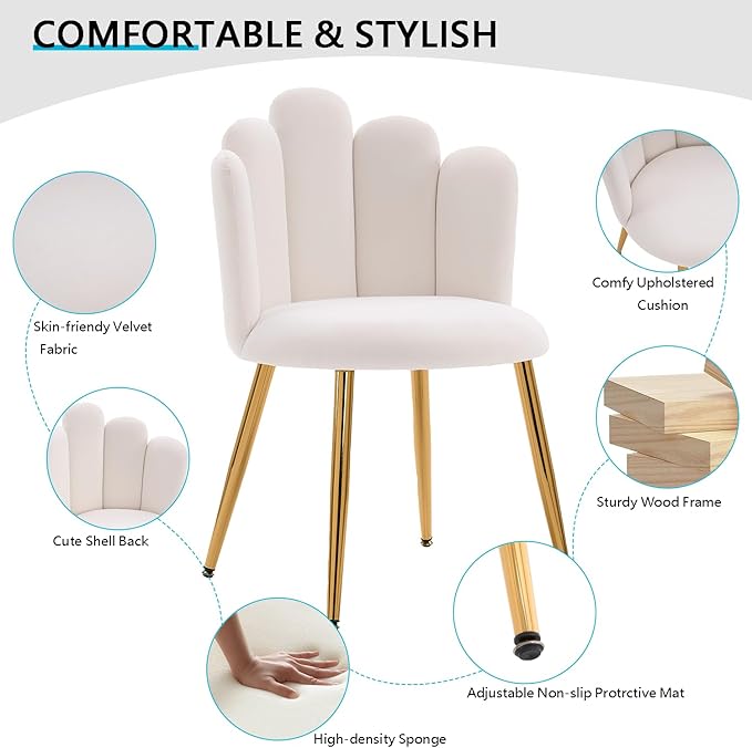 Dining Chairs Set of 2 Modern Dining Room Chairs Modern Cute Velvet armless Accent Chair with Gold Legs for Living Room/Bedroom/Kitchen (2 White)