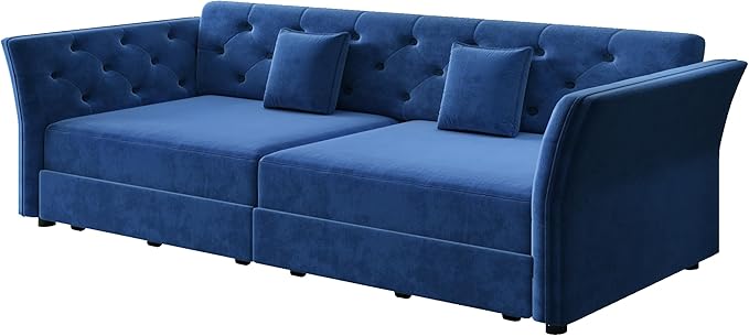 74.4 Queen Size Sleeper Sofa Bed 3-in-1 Convertible Pull Out Chesterfield Sleeper Couch Oversized Velvet Flower Button Tufted Loveseat Sofa for Living Room Small Spaces Blue