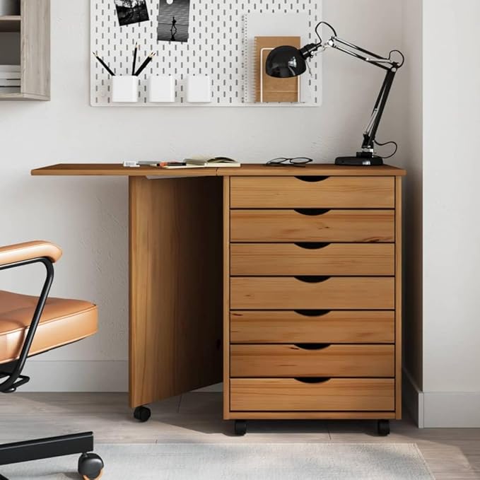 Foldable Design Rolling Cabinet with 7 Storage Drawers Mobile Home Office Study Writing Desk with Smooth Wheels Space Saving Compact Desk Honey Brown