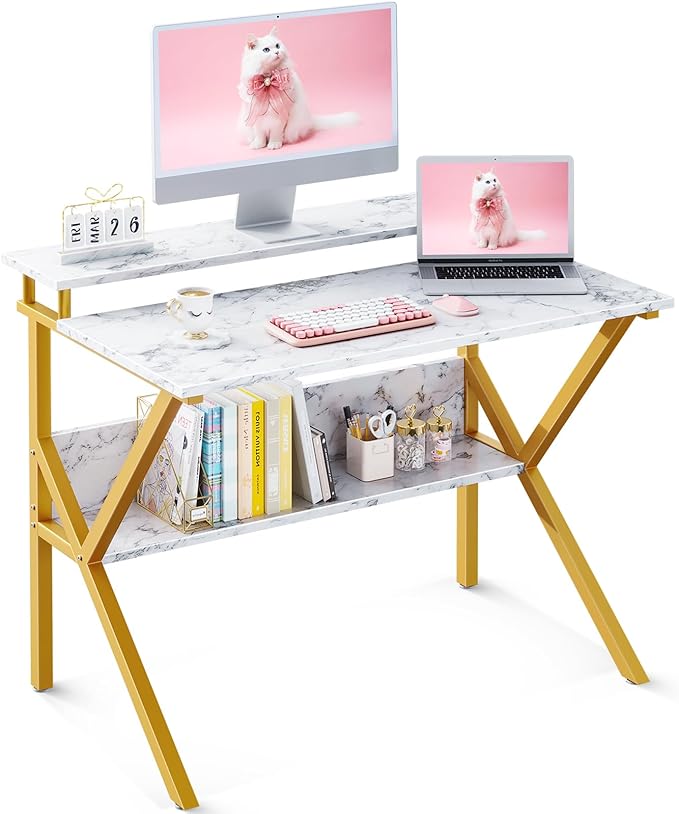 ODK Small Desk 27.5 Inch Computer Desk for Small Spaces Kids Desk with Storage Study Table with Monitor Stand for Homeschool White Marble + Gold Leg