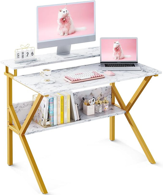 ODK Small Desk 27.5 Inch Computer Desk for Small Spaces Kids Desk with Storage Study Table with Monitor Stand for Homeschool White Marble + Gold Leg