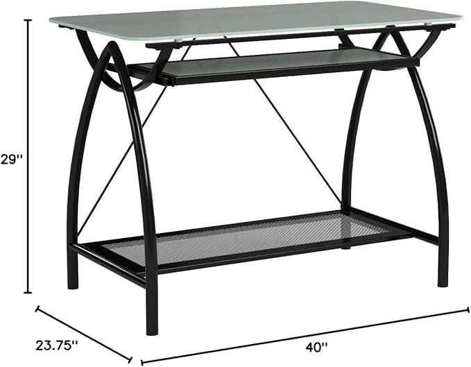 OSP Designs OSP Designs Newport Computer Desk with Frosted Tempered Glass Top Pullout Keyboard Tray and Black Powder Coated Steel Frame