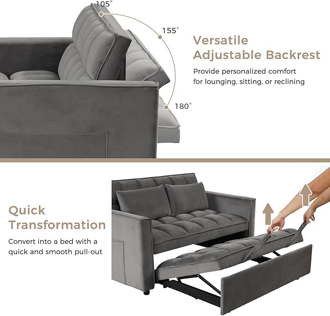 ANJ 3 in 1 Convertible Sofa Bed Pull Out Futon Loveseat Sleeper Sofa Couch with Adjustable Backrest Storage Pockets 2 Pillows for Living Room Bedroom