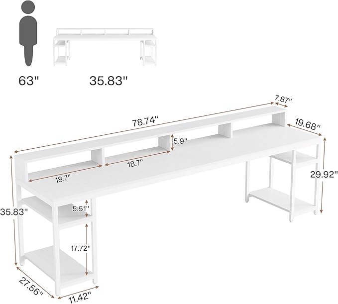 Tribesigns 78.74 Inches Extra Long Two-Person Desk Double Computer Desk with Monitor Stand and Storage Shelves Study Work Table for Home Office (White)