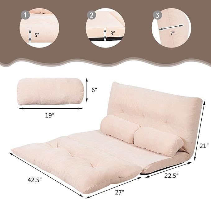 Giantex Adjustable Floor Sofa Couch with 2 Pillows Multi-Functional 6-Position Foldable Lazy Sofa Sleeper Bed Multi-Functional Suede Floor Seating for Reading Gaming (Beige)
