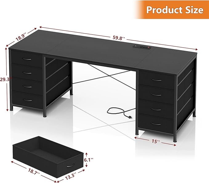 60 Inch Computer Desk with 8 Drawers Home Office Desk with Power Outlets Work Study Gaming Desk with 8 Fabric Drawers Black