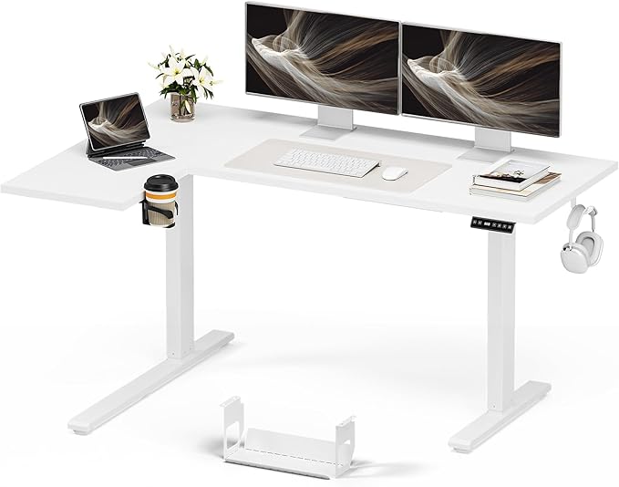 Muvai L Shaped Standing Desk with Cable Management Tray 59 Inch Height Adjustable Electric Standing Corner Desk Sit Stand Up Work Table for Home Office Gaming with Reversible Splice Board White