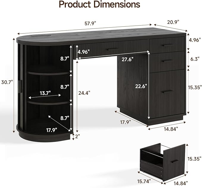 ONBRILL 58 Inch Fluted Executive Desk Computer Desk with Storage Drawers &amp File Drawer Modern Home Office Desk with Charging Station for Working Studying Writing Black