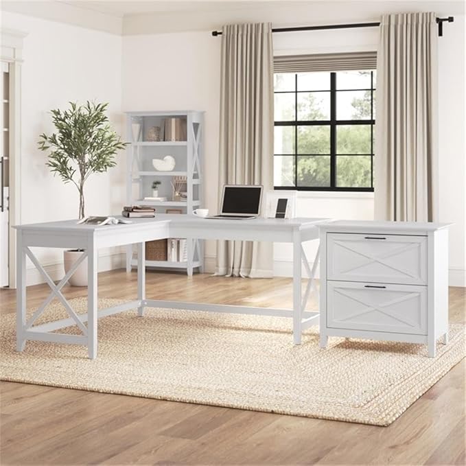 Bush Furniture Key West 60W L Shaped Desk with 2 Drawer Lateral File Cabinet in Pure White Oak Large Corner Table and Document Storage for Home Office