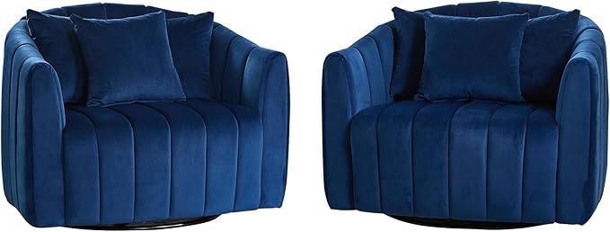 360° Swivel Barrel Chair with Curved Backrest 40 W Velvet Armchair with 3 Soft Pillows Accent Lounge Chair with Channel Tufted Design for Living Room Bedroom Studio Navy