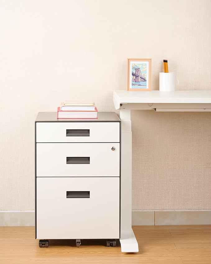 3 Drawer File Cabinet with Lock - Under Desk Metal Filing Cabinet Legal/Letter File Folders Wheels Fully Assembled White/Gray