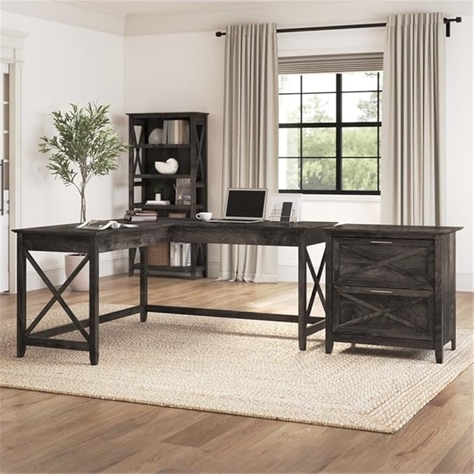 Bush Furniture L Shaped Desk with Lateral File Cabinet | Key West Collection Corner Computer Table with Storage for Home Office with Filing Unit | 60Wx60Dx30H