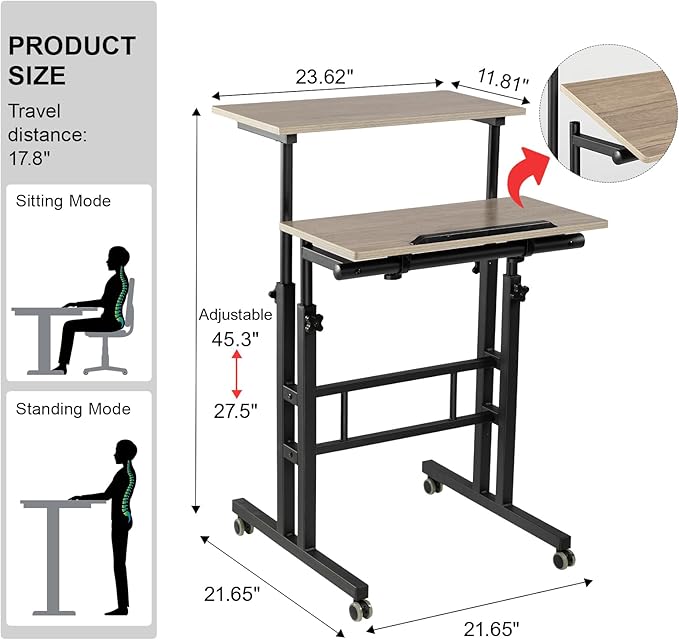 Hadulcet Mobile Standing Desk with Charging Station Adjustable Standing Computer Desk Standing Adjustable Laptop Cart with Wheels for Home Office Classroom Light Grey