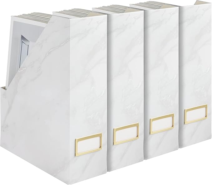 BLU MONACO Set of 4 Magazine Holders | White Marble Design with Gold Label Holders | Foldable File Organizer Boxes for Desk Office &amp Classroom | Stylish Paper &amp Magazine Storage