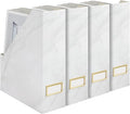 BLU MONACO Set of 4 Magazine Holders | White Marble Design with Gold Label Holders | Foldable File Organizer Boxes for Desk Office &amp Classroom | Stylish Paper &amp Magazine Storage