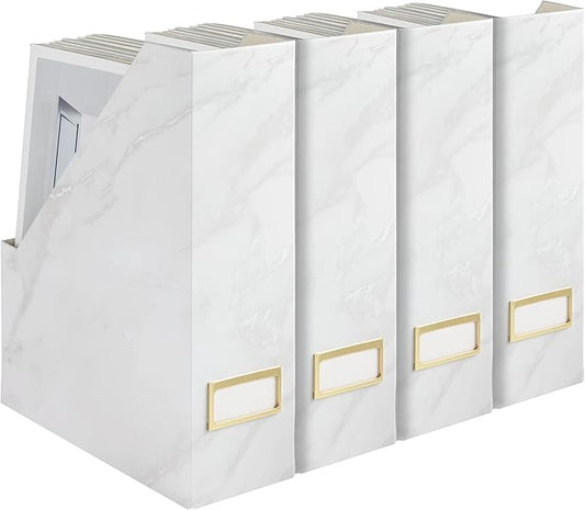 BLU MONACO Set of 4 Magazine Holders | White Marble Design with Gold Label Holders | Foldable File Organizer Boxes for Desk Office &amp Classroom | Stylish Paper &amp Magazine Storage