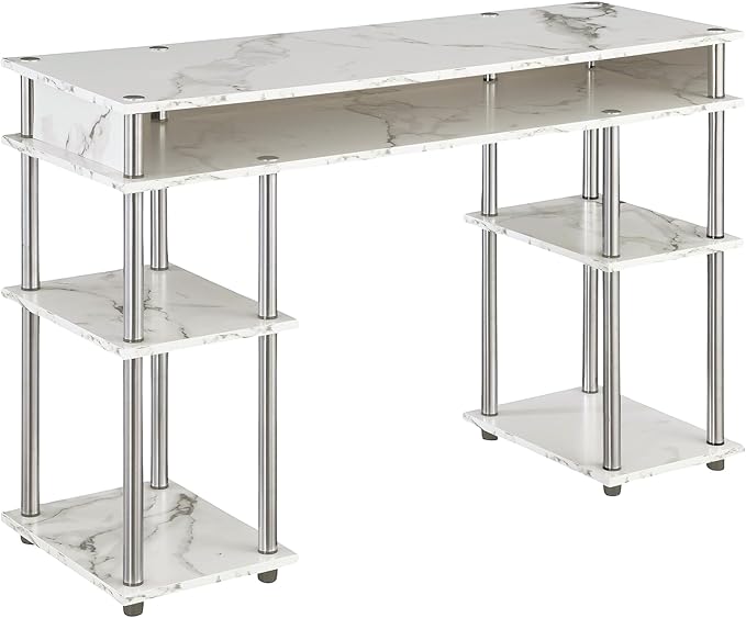 Convenience Concepts Designs2Go No Tools Student Desk 47.25 - Contemporary Office Dorm Room Desk and Vanity with Storage Shelves White Faux Marble II/Chrome