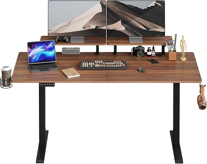 ONBRILL Standing Desk with 2 Adjustable Monitor Shelves 71 x 24 Inches Electric Stand Up Desk with Memory Controller and Adjustable Height from 28-46 inches for Computer Workstations Walnut