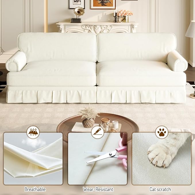 74'' Mid Century Sofa with Pleated Skirt Chenille Cloud Sectional Couch Comfy Love Seat Couches Deep Seat Rolled Arm Vintage Loveseat Sofa for Living Room Apartment Beige