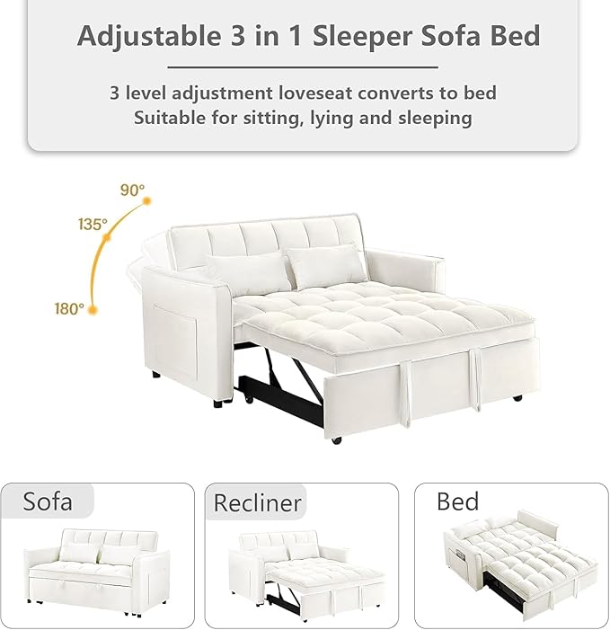 3 in 1 Convertible Sleeper Sofa BedFuton Couch with Pull-Out Bed &amp Adjustable BackrestVelvet Fabric Loveseat Sleeper with Side Pocket for Small Apartment Living Room Office (Beige) | Adjustabl