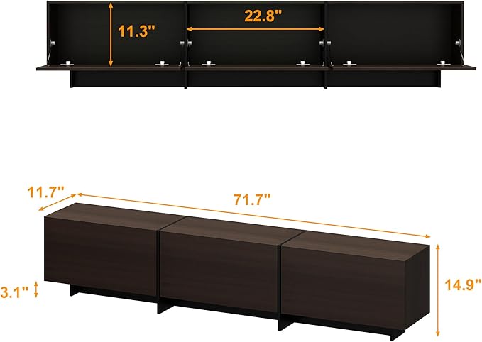 71.7 Inch TV Stand for TVs Up to 80 Modern Entertainment Center with 3 Compartments Flip Down Doors and T-Shape Legs Long Media Console Living Room Black Brown