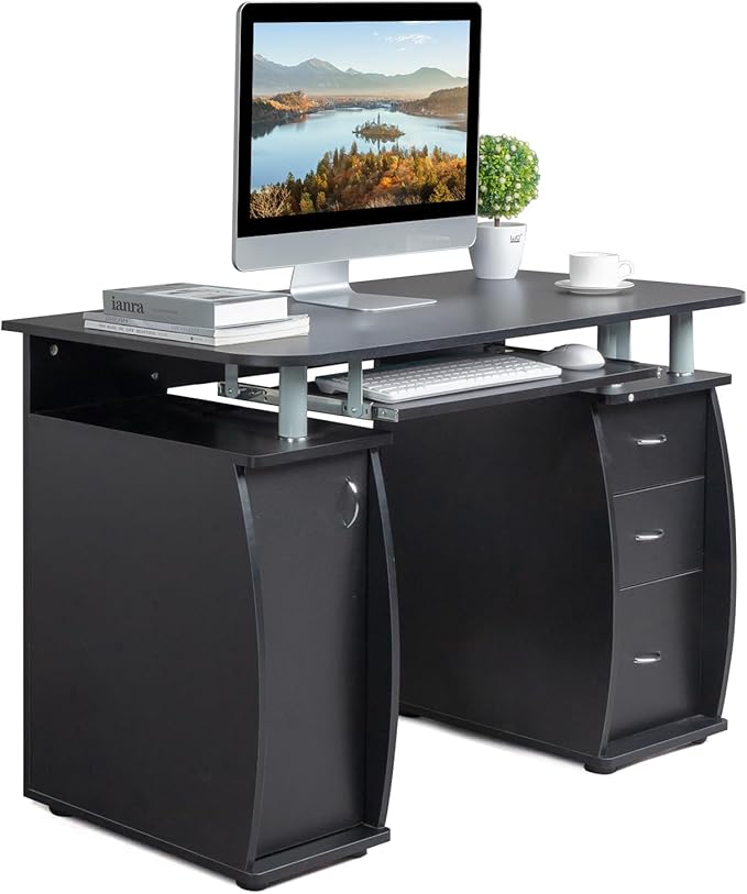 Karl home Computer Desk with Drawers &amp Storage Cabinet Small Office Desk PC Laptop Workstation for Home Studio Office Apartment Black