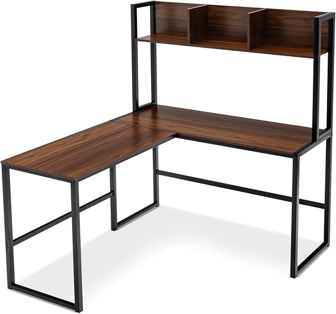 MEDIMALL L-Shaped Desk w/Storage Shelf Reversable Corner Desk Game Table w/Sturdy Metal Frame Multifunctional Computer Desk for Home Office (Walnut)