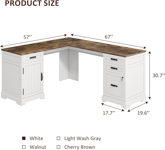 Alohappy 67'' L Shaped Desk with Drawers Farmhouse Corner Computer Desk with File Storage and Charging Station for Home Office White