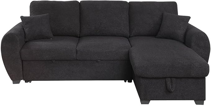 Lilola Home Veronica 95-inch Black Teddy Fleece Reversible Sleeper Sectional Sofa with Storage Chaise – Pull-Out Bed 2 Throw Pillows Pocket Coil Seating Modern L-Shape Couch