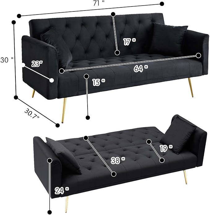 71Convertible Futon Sofa Bed - Modern Velvet Sleeper Couch with Adjustable Backrest Tufted Recliner with Golden Chrome Legs &amp 2 Pillows Perfect for Small Spaces Living Room &amp Apartment (Bl