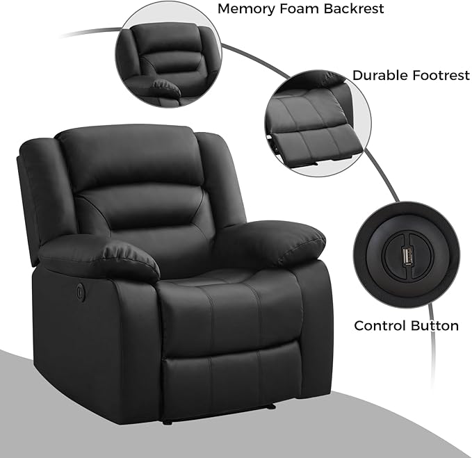 EBELLO Classic Power Recliner Chair Faux Leather Oversized Electric Overstuffed Chair with Thicked Cushion and Back Single Sofa with Comfortable Armchair Black 2Pcs