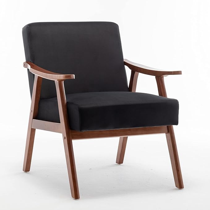 Accent Chair with Microfiber Upholstery and Solid Wood Frame Classic Mid-Century Modern Living Room Furniture for Extra Seating Black