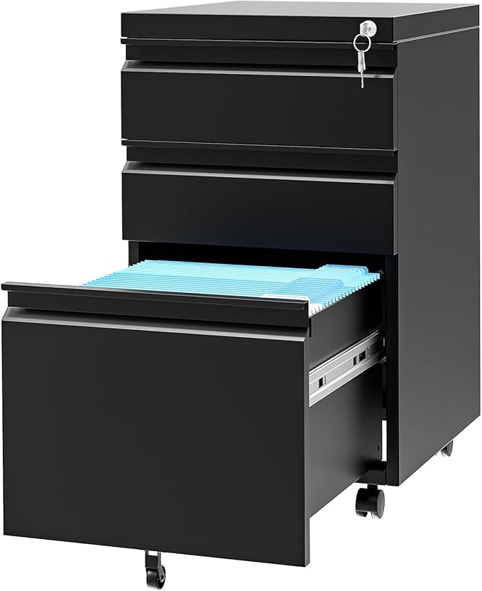 3-Drawer Mobile File Cabinet with Lock &amp Wheels Under Desk Lateral Filing Cabinet for Legal/Letter/A4 Files Adjustable Shelf Easy Assembly Office Home Storage Dark Black