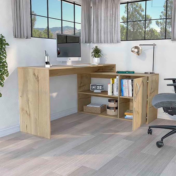 59 Modern L-Shaped Computer Desk with 2 Open Shelves &amp Closed Storages Corner Computer Desk for Home Office/Files/Books/Decor/Corner/Against (Beige)