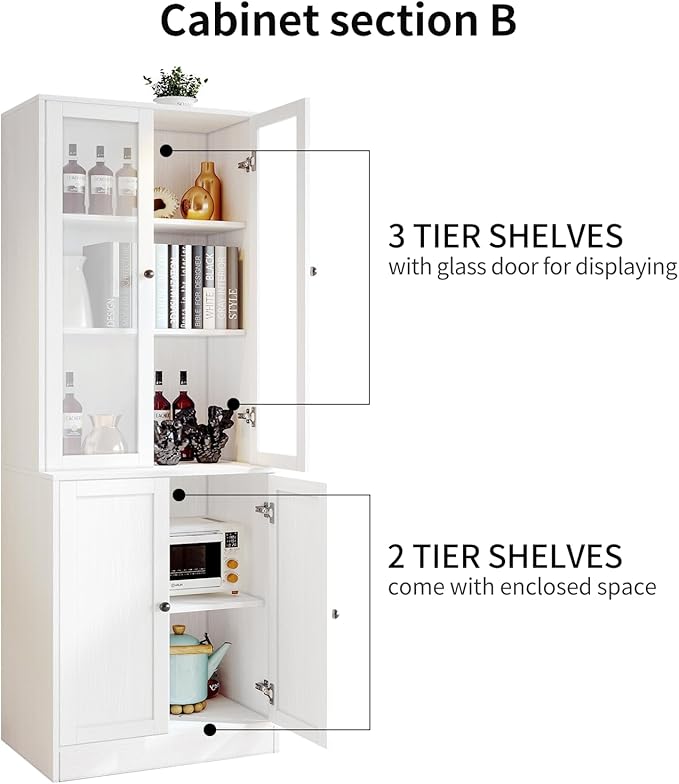 VOWNER Vertical File Cabinet 3-Tier Modern Bookshelf with 3 Large Drawer Wood Filing Cabinet with Open Storage Shelf Glass Doors and Adjustable Shelves for Home Office White (B)