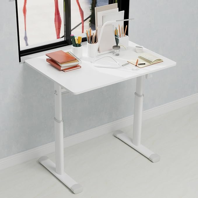 Adjustable Study Desk Hand-Crank Height Adjustable Sit-to-Stand Desk 60 x 80 cm Compact White Frame White Top Double-Column Stable Workstation for Home Office Study