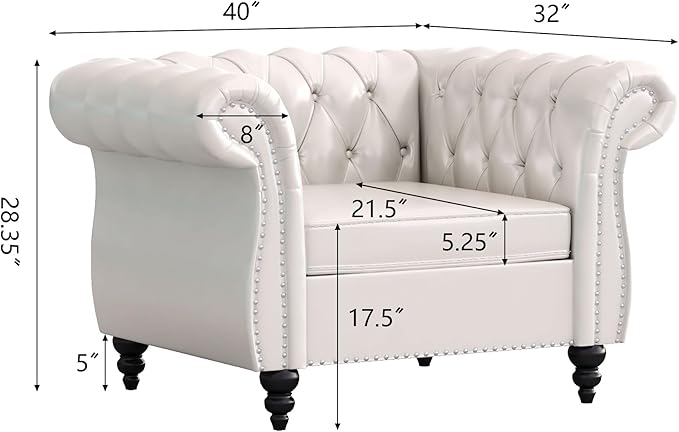 Accent Sofa Chair for Living Room Modern PU Leather Upholstered Armchair Oversized Comfy Single Sofa Chair with Cushion Mid Century Tufted Chesterfield Sofa Couch for Bedroom Apartment (White)