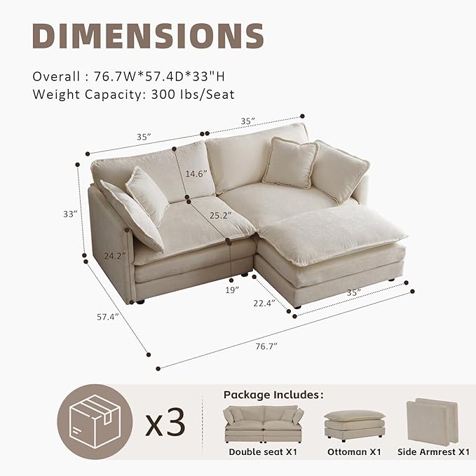 76.7” Modular Sectional Sofa L-Shaped Convertible Couches 2 Seater Chenille Deep Seat Cloud Couch with Pillows and 1 Ottoman for Living Room Apartment Office(Khaki)