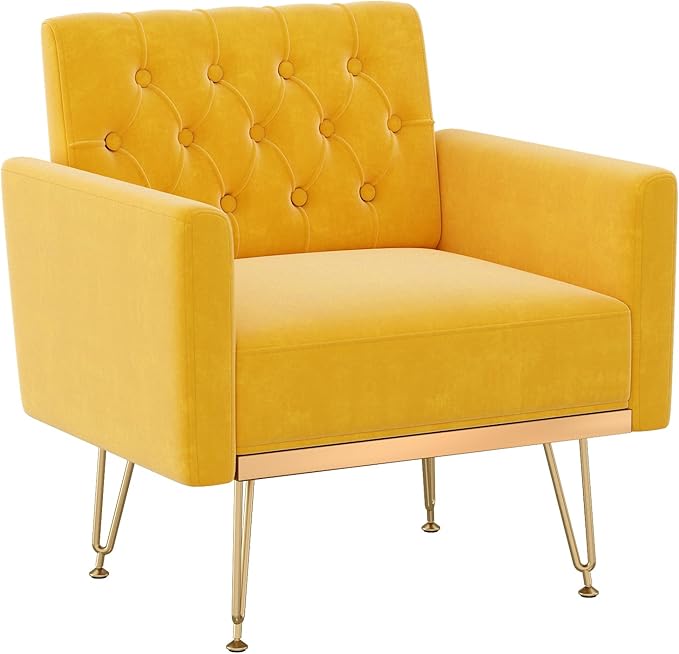 Olela Velvet Accent Chair with Arm for Living RoomModern Armchair Single Sofa Cozy Tufted Upholstered Reading Side Chairs with Gold Metal Leg for Bedroom Decorate(1 Mustard Yellow)