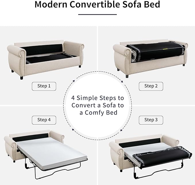 2 in 1 Pull Out Sofa Bed Queen Size Sleeper Sofa Guest Bed with 4 Foldable Memory Foam Mattress &amp Nailhead Armrests Linen Modern Convertible Couch for Home Apartment Office - Beige