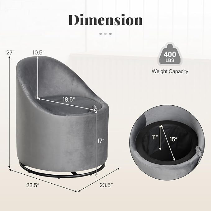 Giantex Swivel Accent Chair with Storage 360° Upholstered Vanity Chair with Backrest Velvet Modern Storage Ottoman Small Barrel Swivel Armchair for Bedroom Living Room No Assembly Grey
