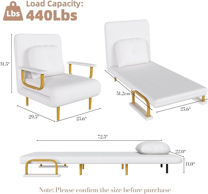 Folding Sofa Bed 5-in-1 Convertible Chair - 5-Position Adjustable Backrest with Pillow Space-Saving Sleeper for Living Room Bedroom &amp Office (White)